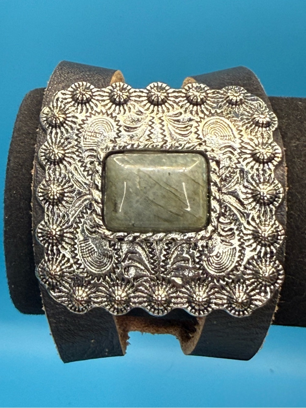 Black Leather Cuff Bracelet with Silver-Tone Concho and Labradorite Stone